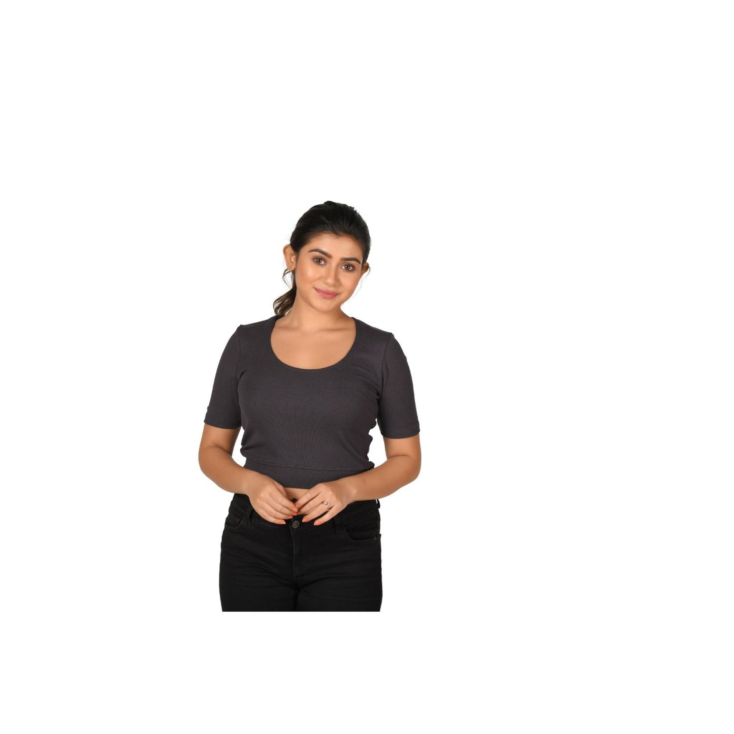 Hosiery Blouse- Regular Deep Round Neck - Clay Grey - Blouse featured