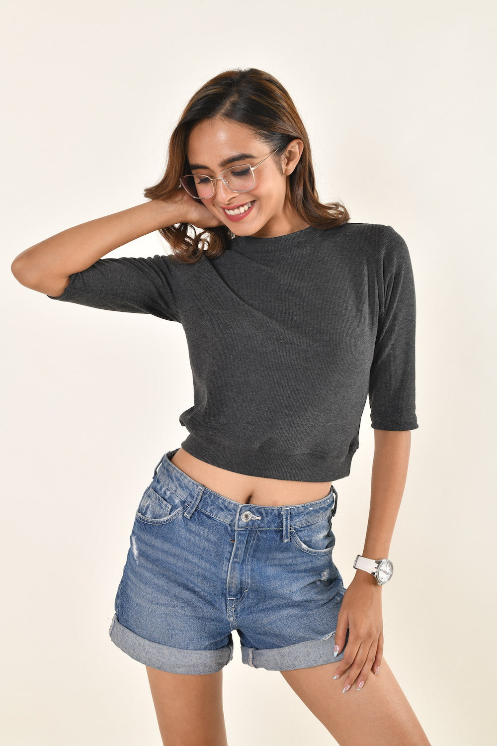 Hosiery Blouses - Elbow Sleeves - Plus Size Dark Grey Blouse