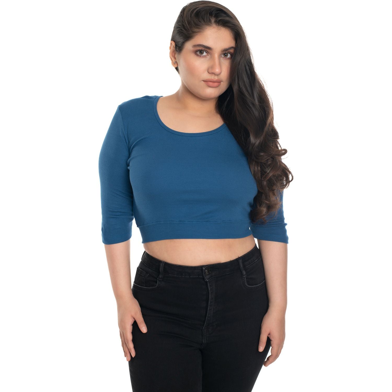 Hosiery Blouse- XXL Deep Round Neck (Elbow Sleeves) - Azure Blue - Blouse featured