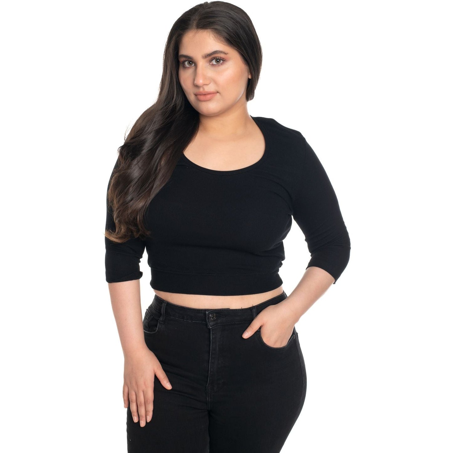 Hosiery Blouse- XXL Deep Round Neck (Elbow Sleeves) - Black - Blouse featured