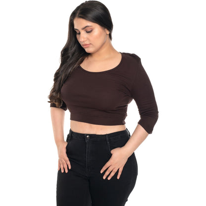 Hosiery Blouse- XXL Deep Round Neck (Elbow Sleeves) - Dark Brown - Blouse featured