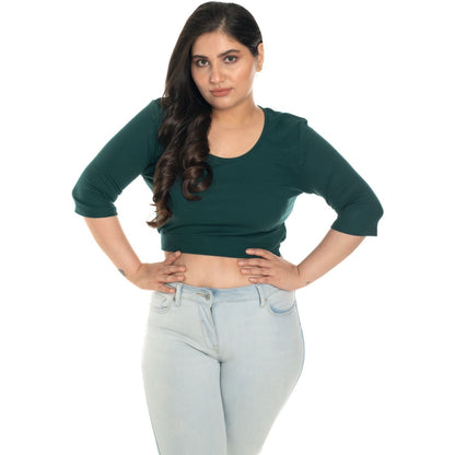 Hosiery Blouse- XXL Deep Round Neck (Elbow Sleeves) - Green - Blouse featured