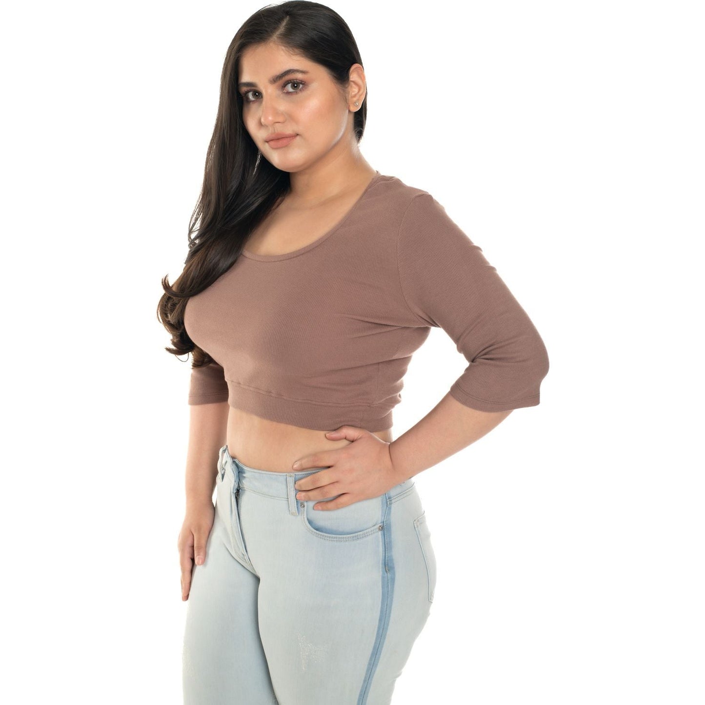 Hosiery Blouse - Deep Round Neck (Elbow Sleeves) Blouse