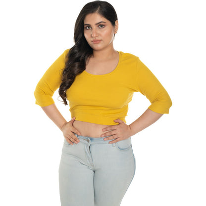 Hosiery Blouse- XXL Deep Round Neck (Elbow Sleeves) - Mango Yellow - Blouse featured