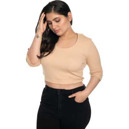 Hosiery Blouse- XXL Deep Round Neck (Elbow Sleeves) - Tan - Blouse featured