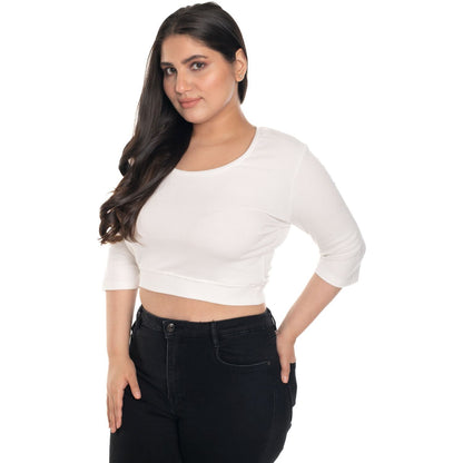 Hosiery Blouse- XXL Deep Round Neck (Elbow Sleeves) - White - Blouse featured