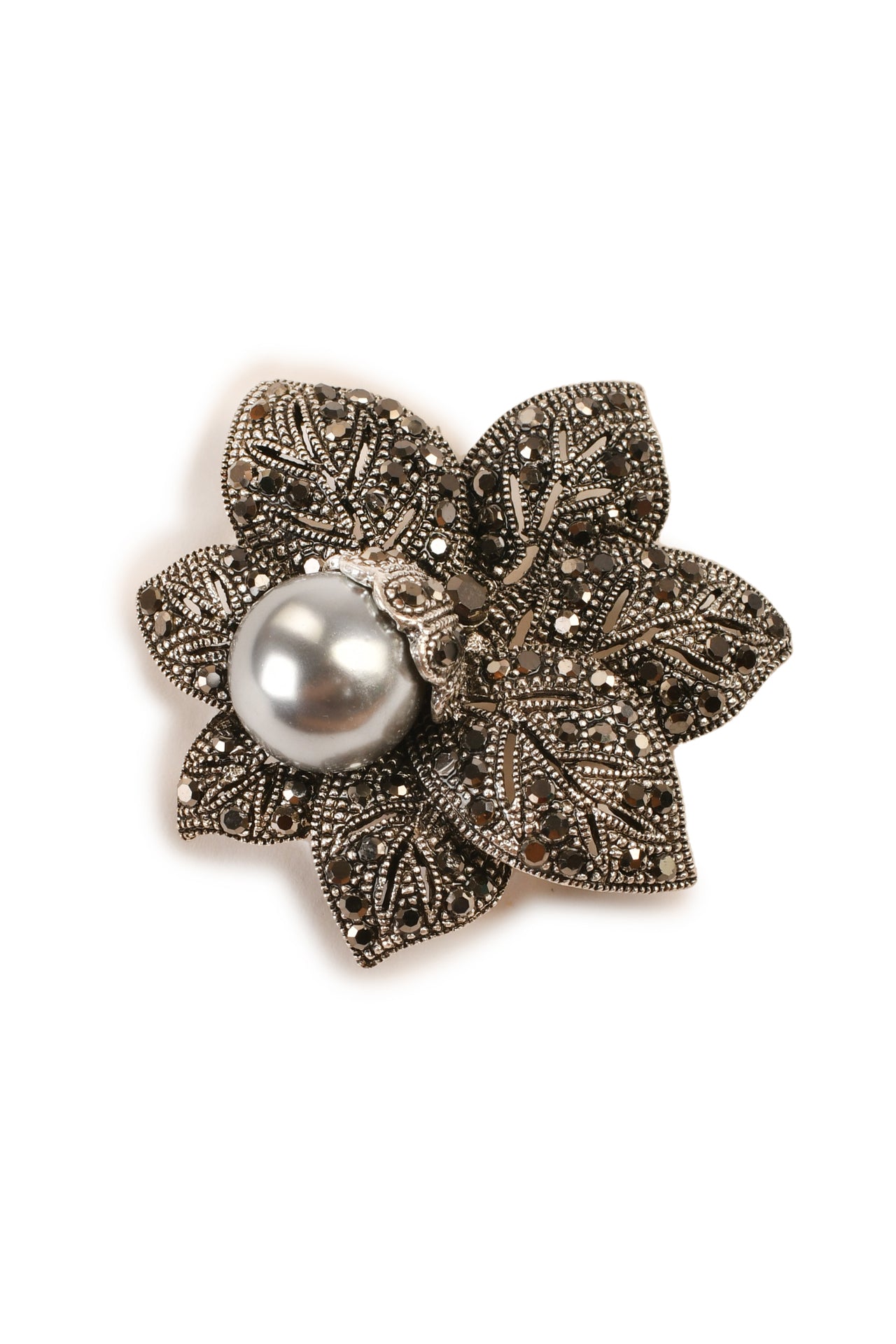 Black Stone Studded Flower Brooch Brooch