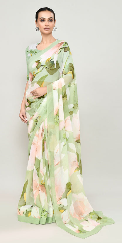 Lettuce Green Chiffon Silk Saree Saree