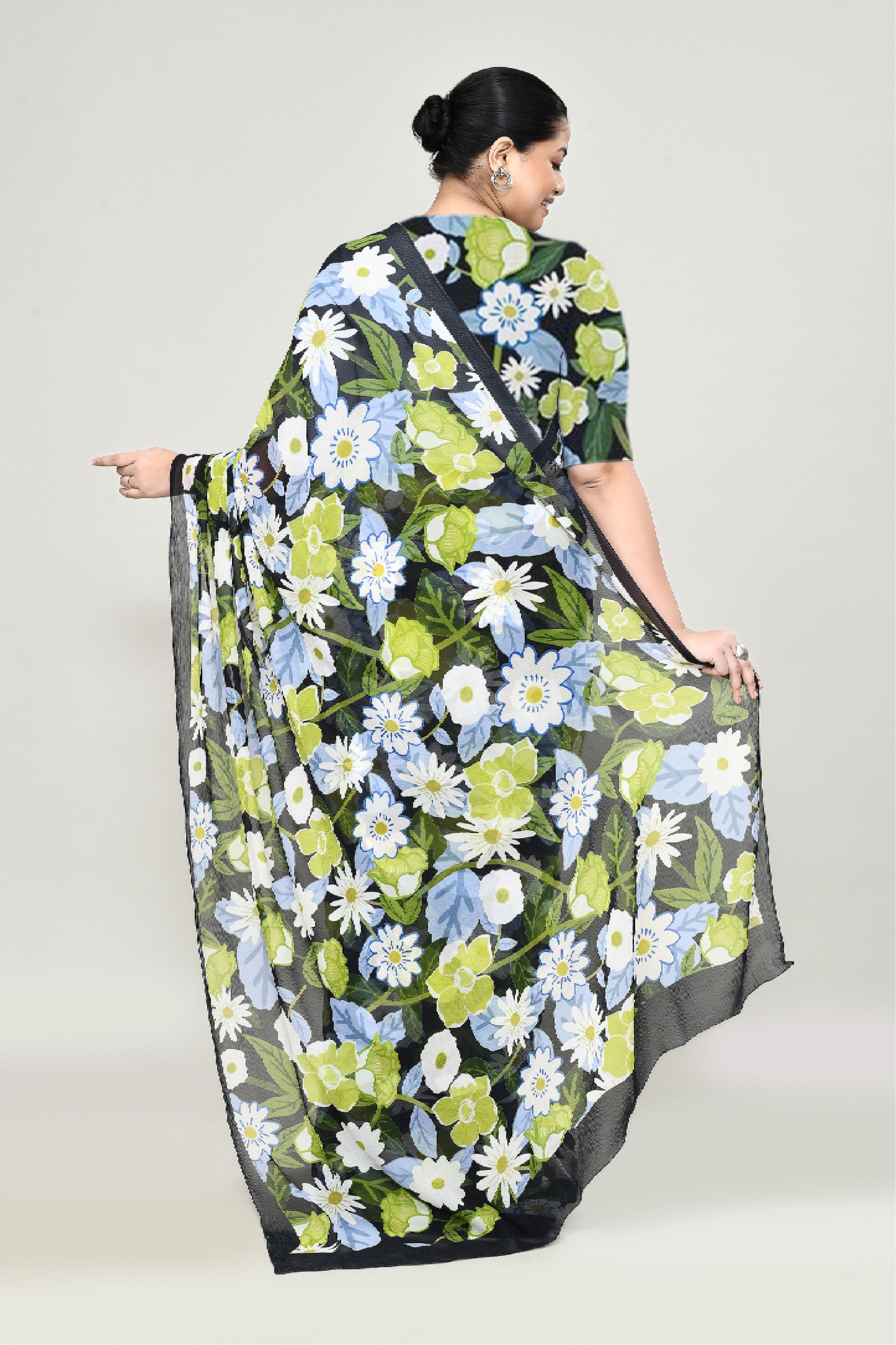 Black Chiffon Silk Saree with Floral Print Saree