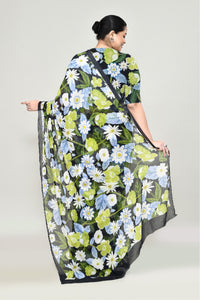 Black Chiffon Silk Saree with Floral Print Saree