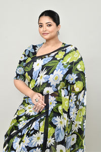 Black Chiffon Silk Saree with Floral Print Saree