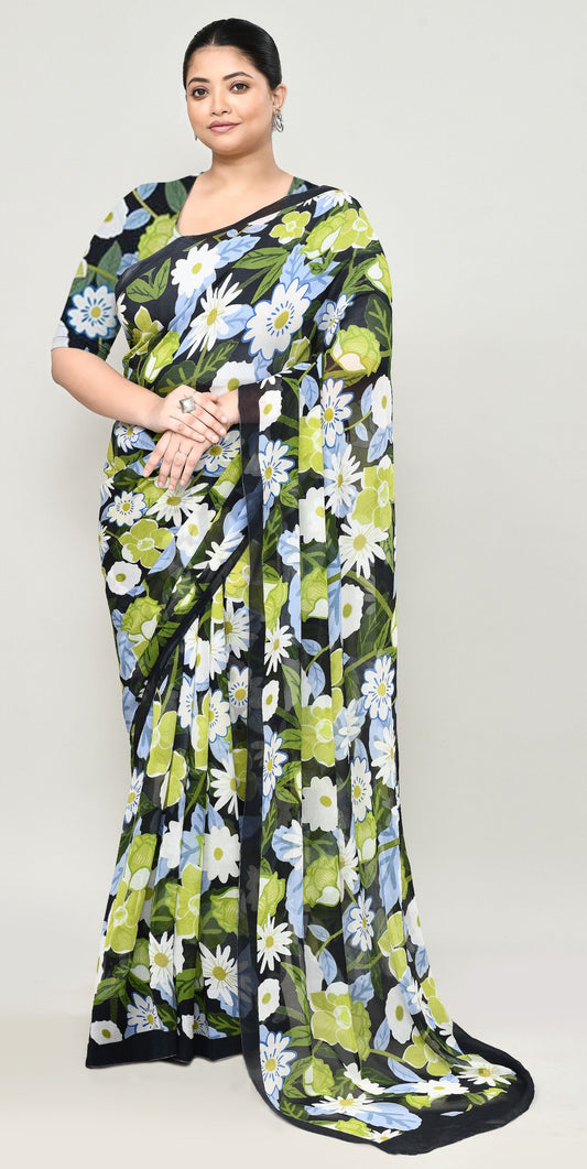 Black Chiffon Silk Saree with Floral Print Saree