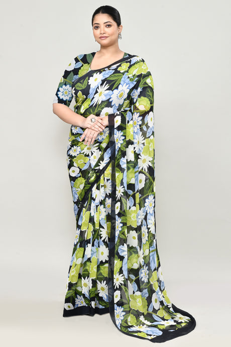 Black Chiffon Silk Saree with Floral Print Saree