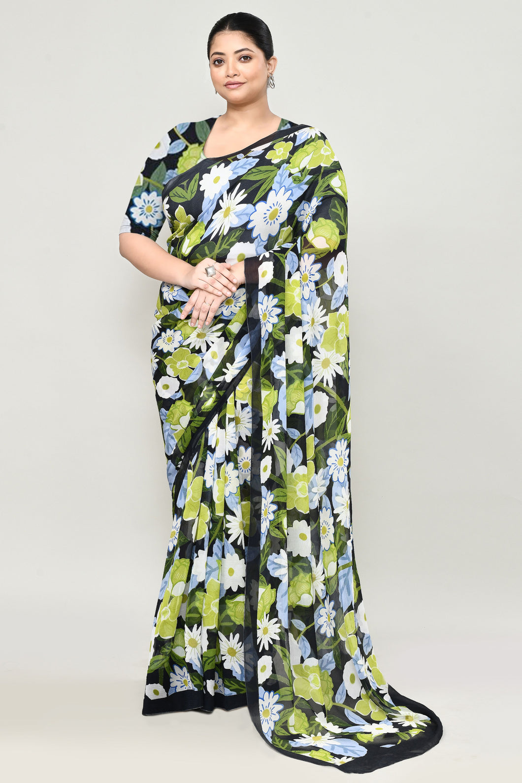 Black Chiffon Silk Saree with Floral Print Saree