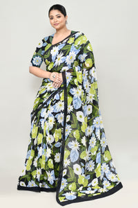 Black Chiffon Silk Saree with Floral Print Saree