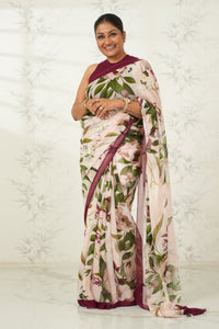 Beautiful Soft Pink Saree with Contrast Floral Print Saree