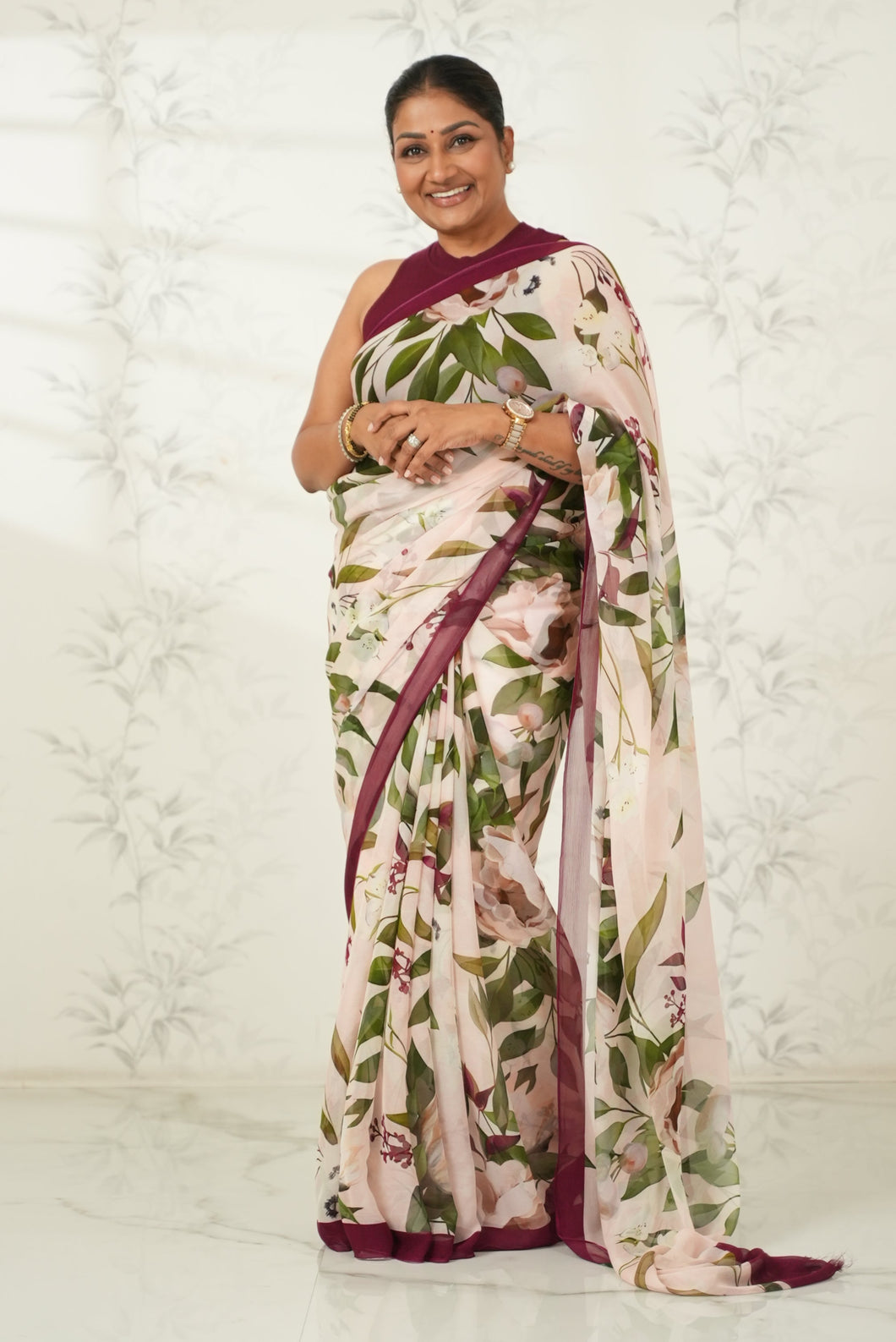 Beautiful Soft Pink Saree with Contrast Floral Print Saree