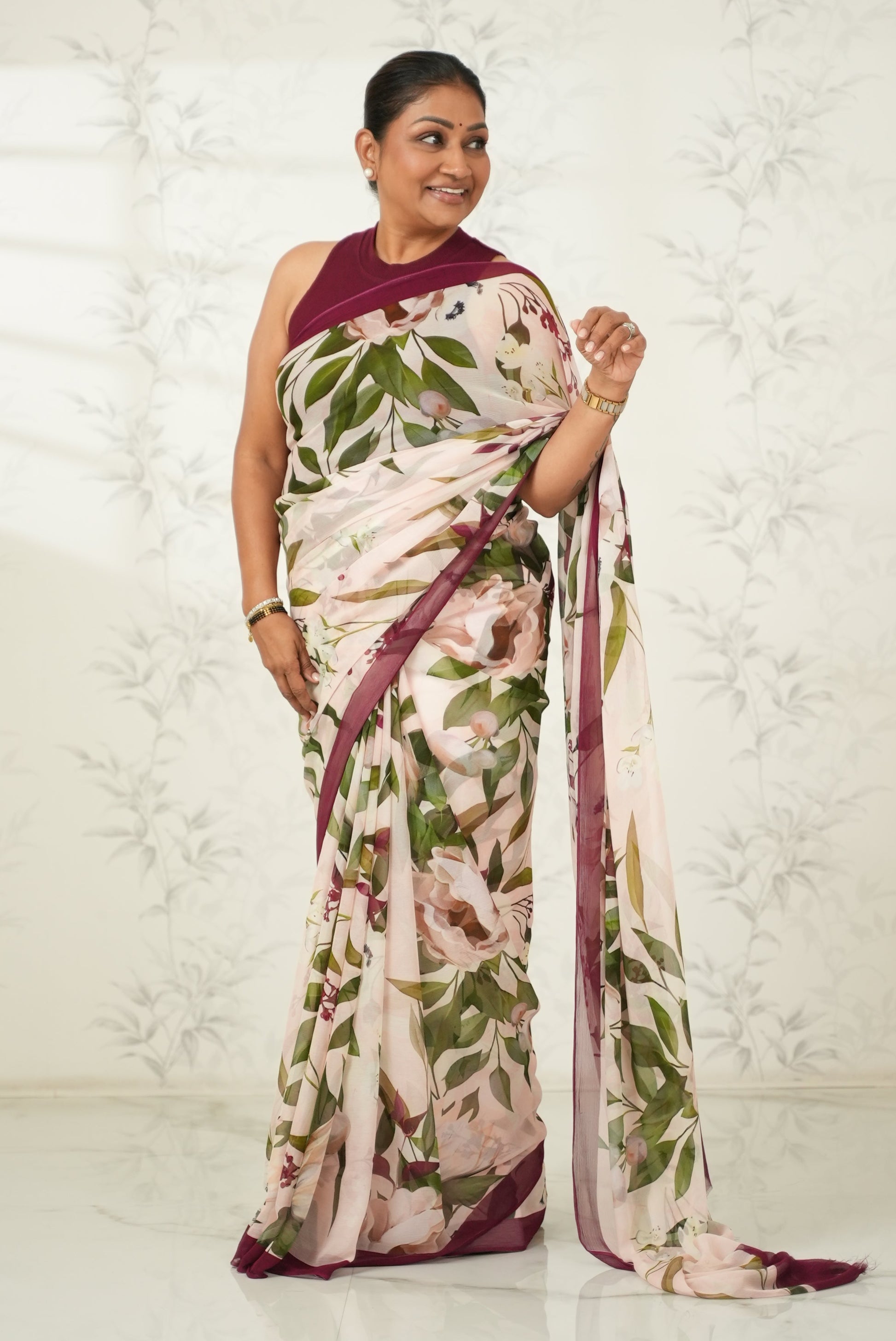 Beautiful Soft Pink Saree with Contrast Floral Print Saree
