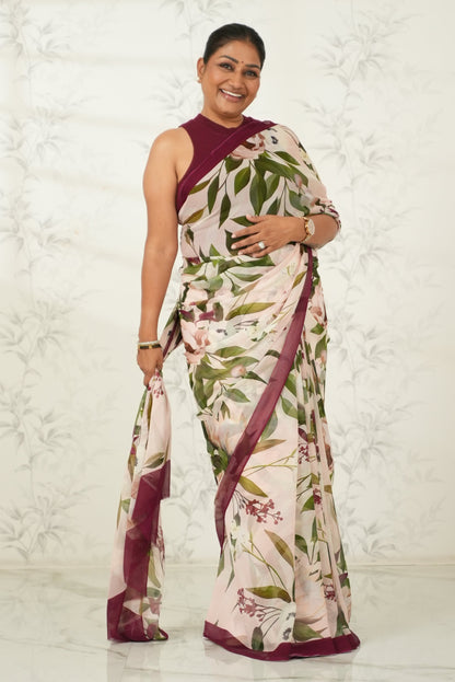 Beautiful Soft Pink Saree with Contrast Floral Print Saree
