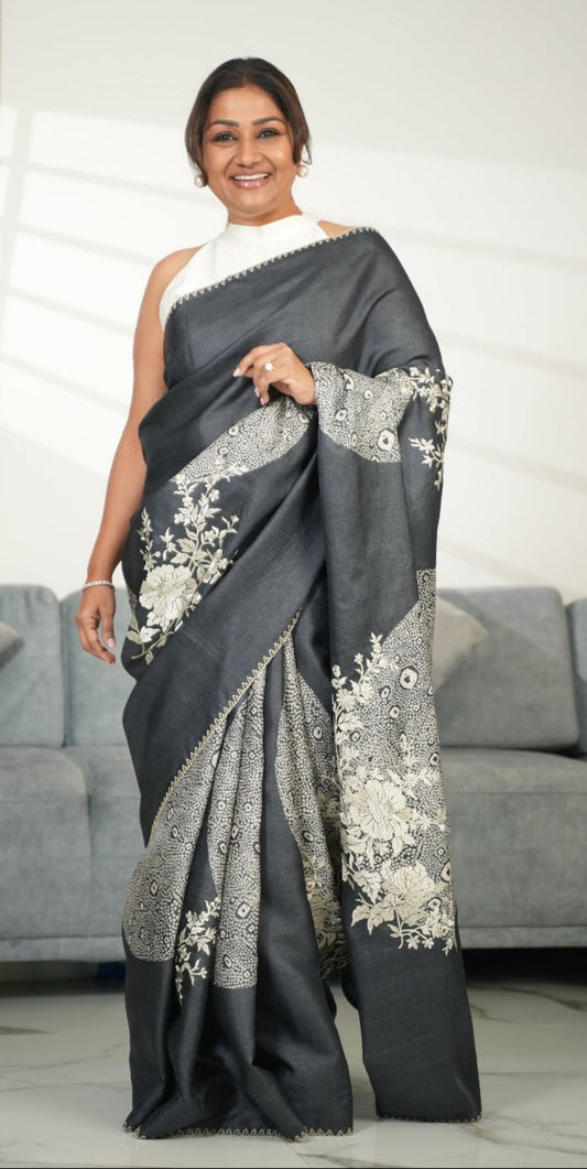 Poonam Shibori Bloom Tussar Saree Gray featured