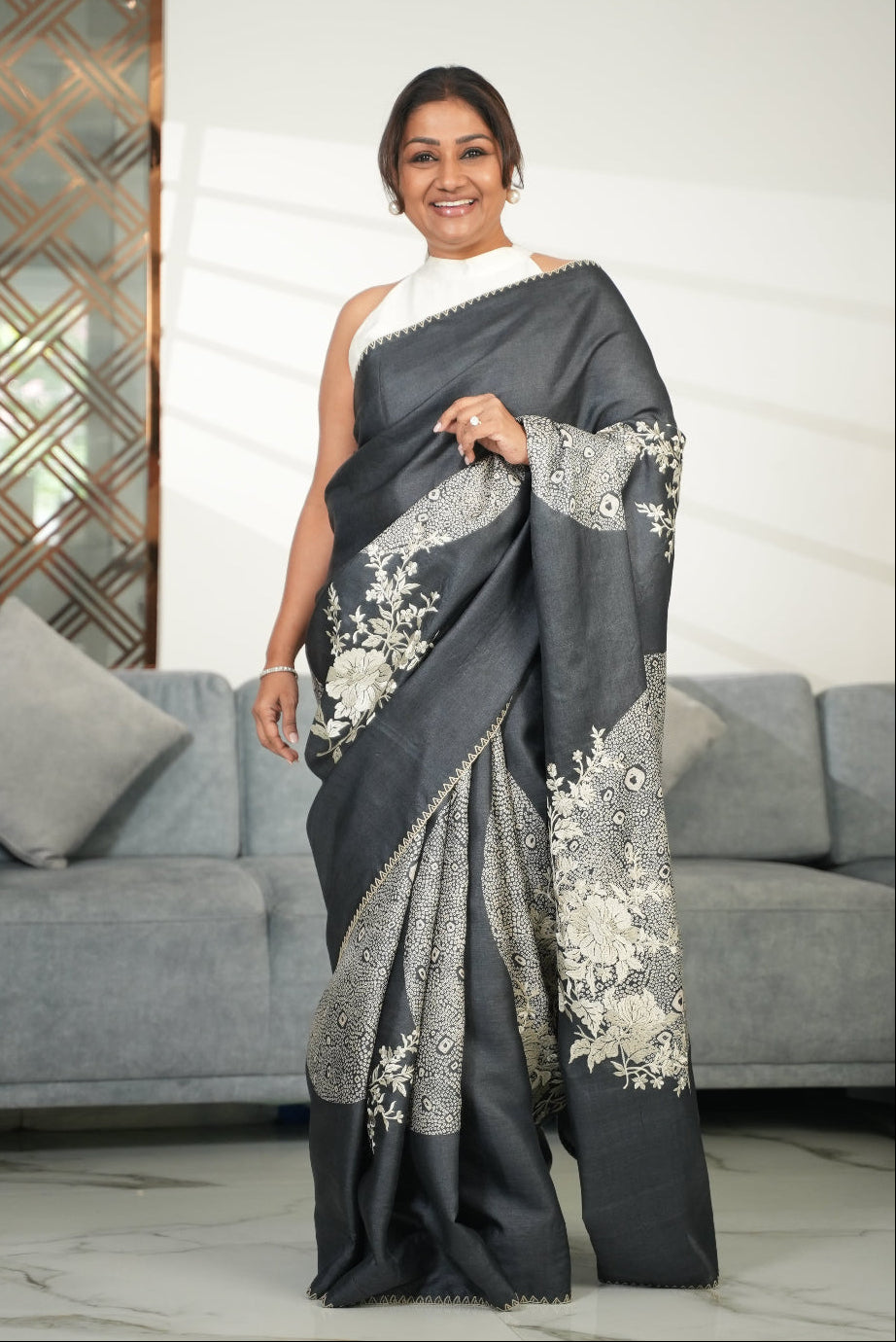 Poonam Shibori Bloom Tussar Saree Gray featured