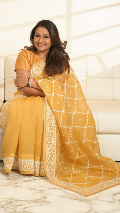 Yellow Organza Saree with Thread work Saree