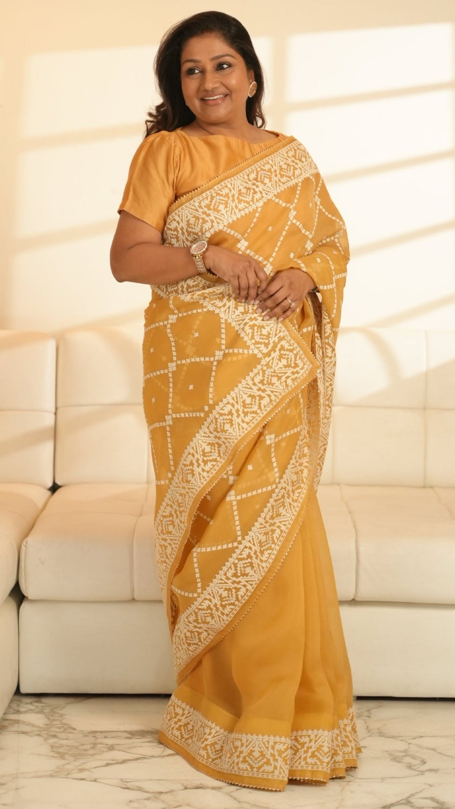 Yellow Organza Saree with Thread work Saree