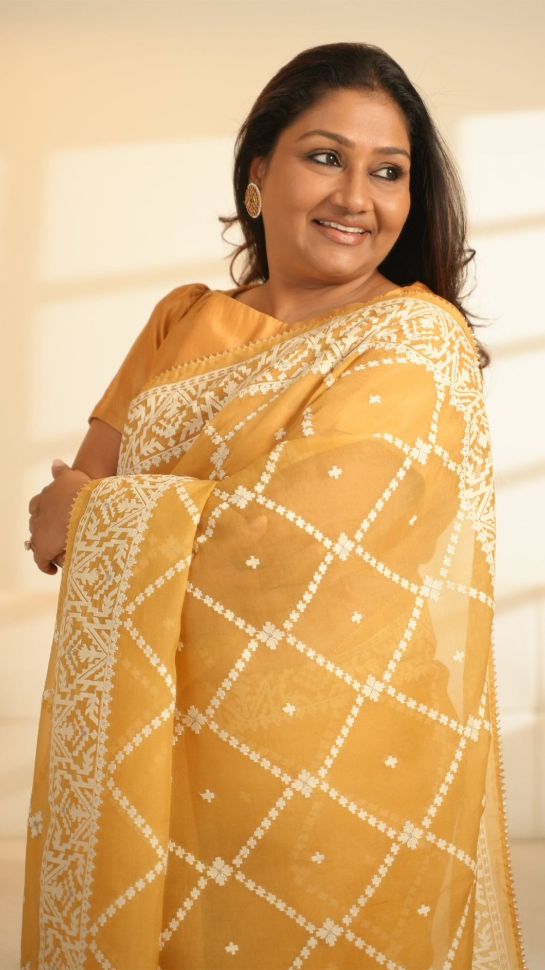 Golden Mustard Organza Saree with Thread work Saree