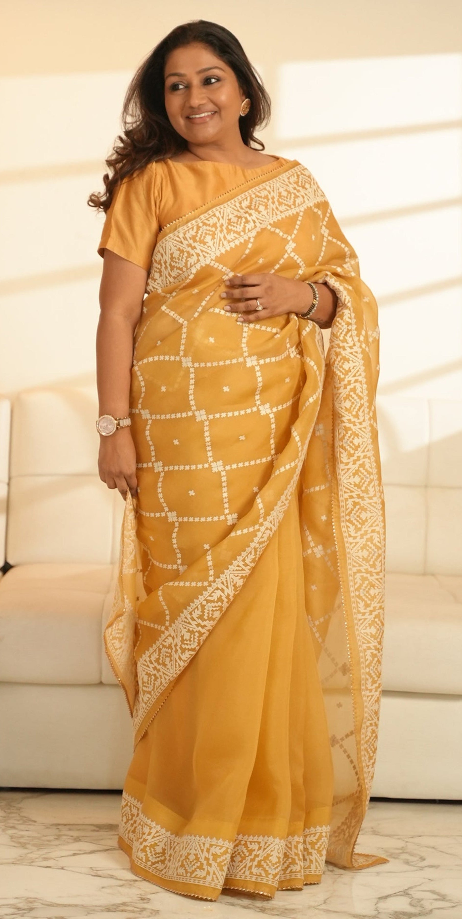 Yellow Organza Saree with Thread work Saree