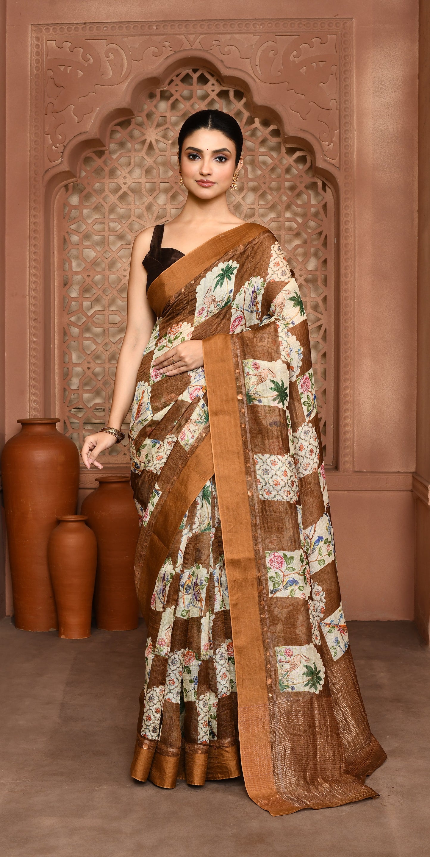 Yasmine Mughal Tussar Silk Saree - Olive Brown featured removed