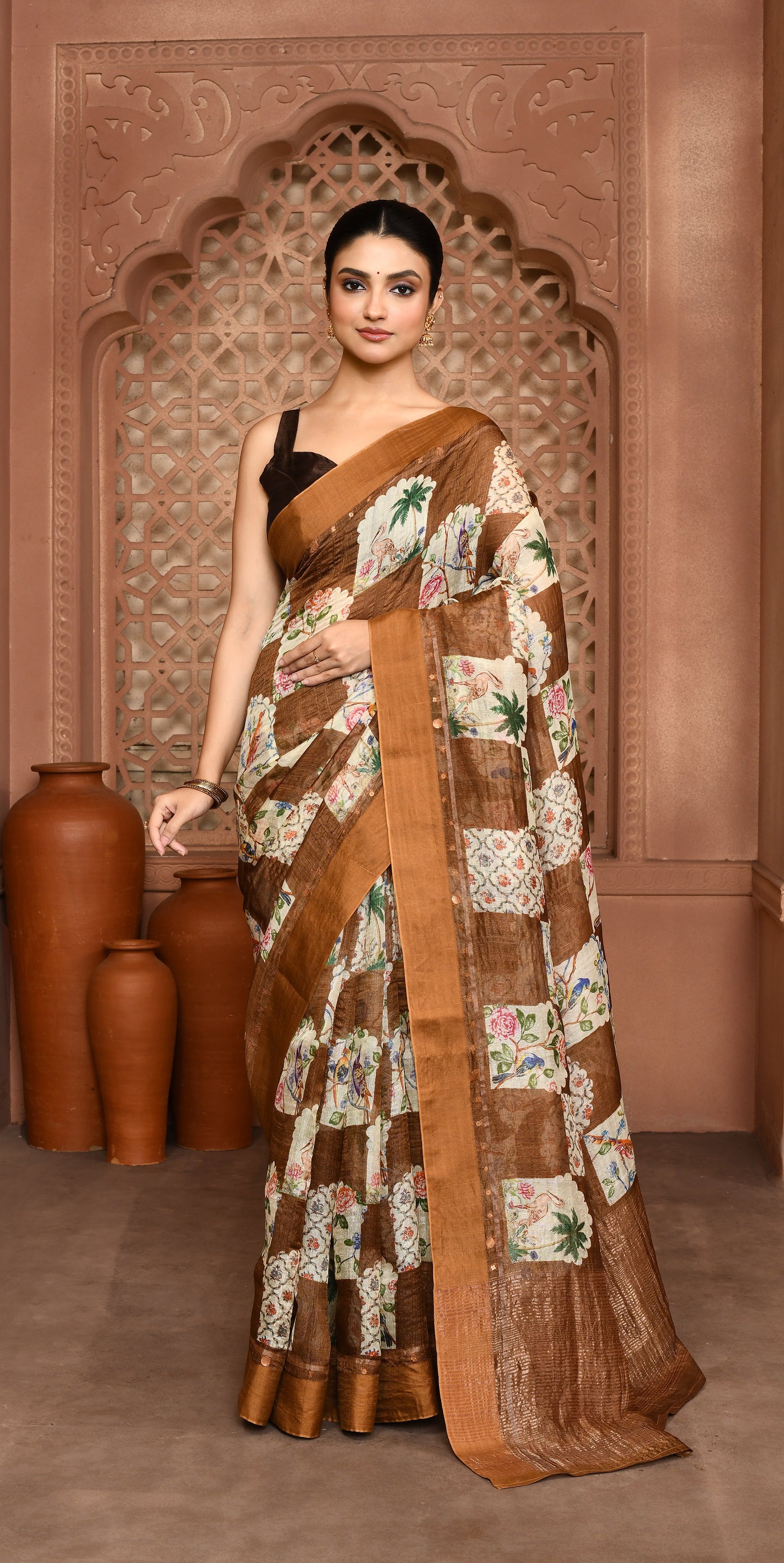 Yasmine Mughal Tussar Silk Saree - Olive Brown featured removed