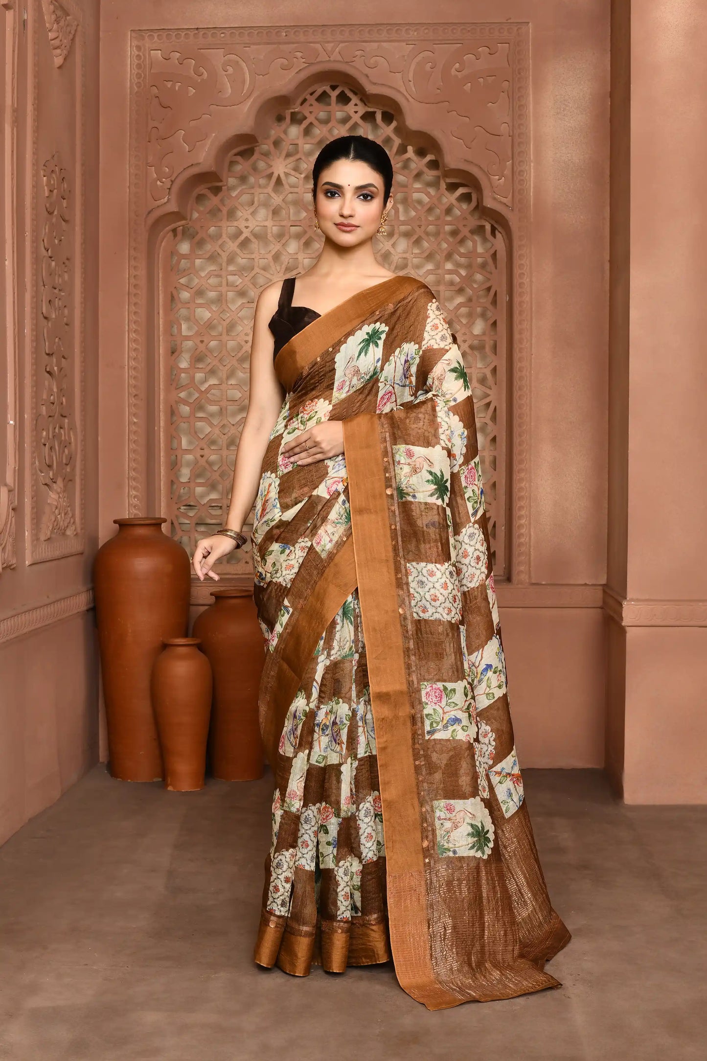 Yasmine Mughal Tussar Silk Saree - Olive Brown featured removed