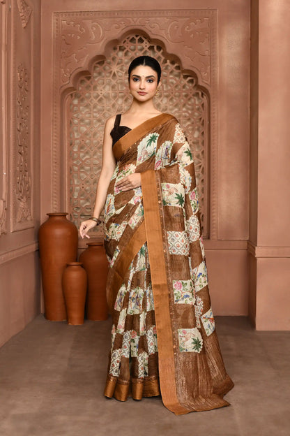 Yasmine Mughal Tussar Silk Saree - Olive Brown featured removed