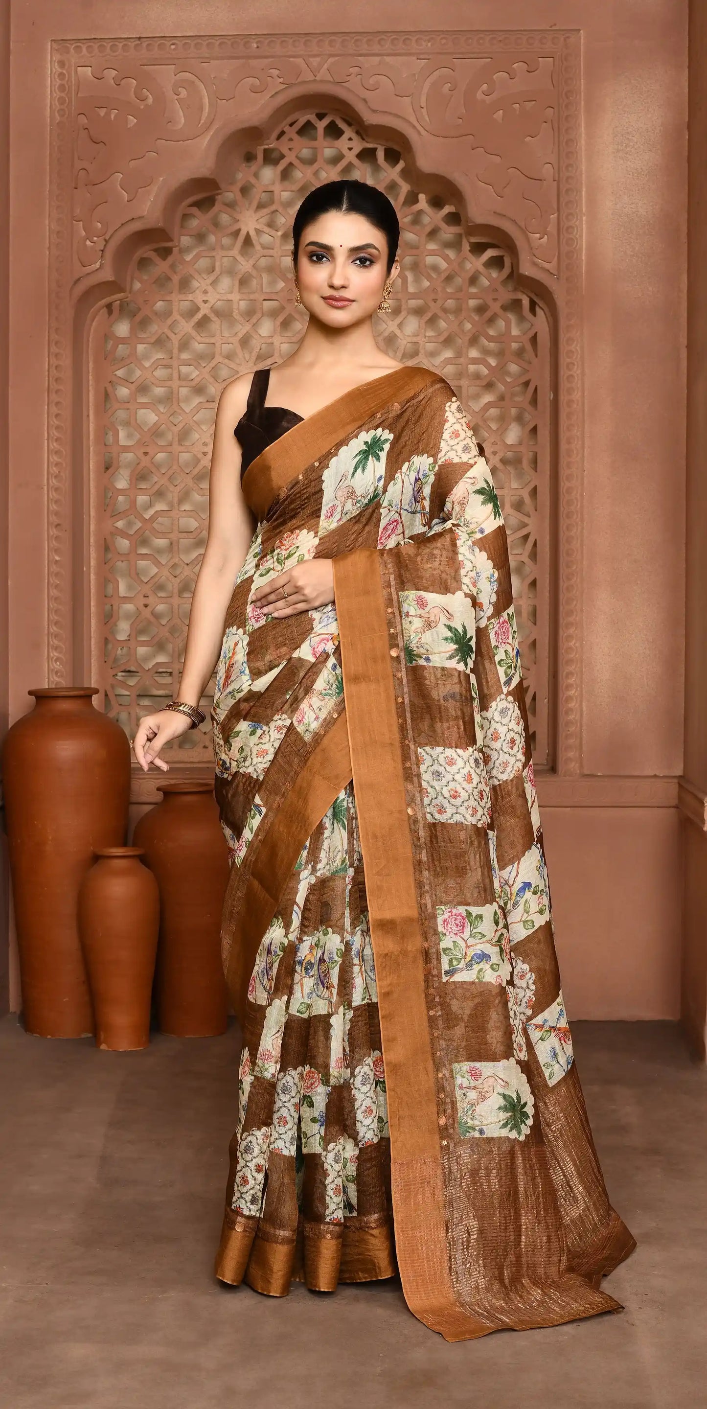 Yasmine Mughal Tussar Silk Saree - Olive Brown featured