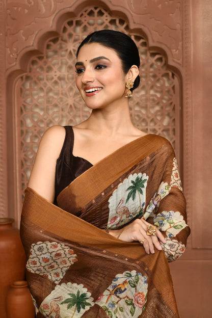 Yasmine Mughal Tussar Silk Saree - Olive Brown featured