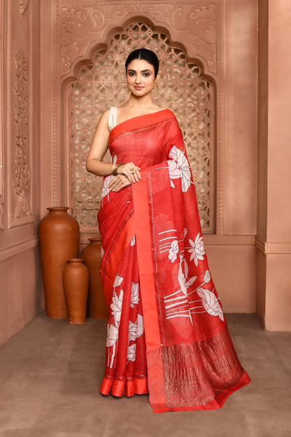 Gayatri Lotus Tussar Silk Saree - Crimson red featured