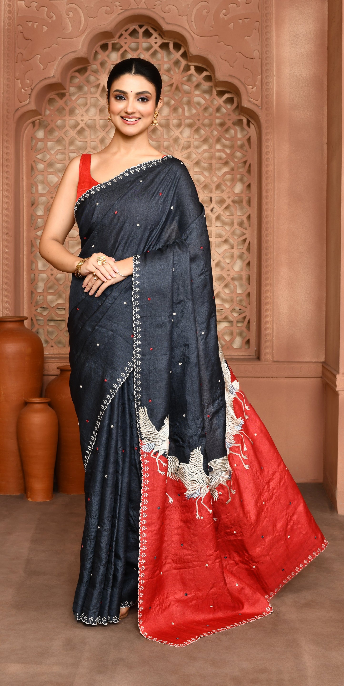 Vanya Flamingo Grace Tussar Silk Saree Gray & Red Saree featured removed