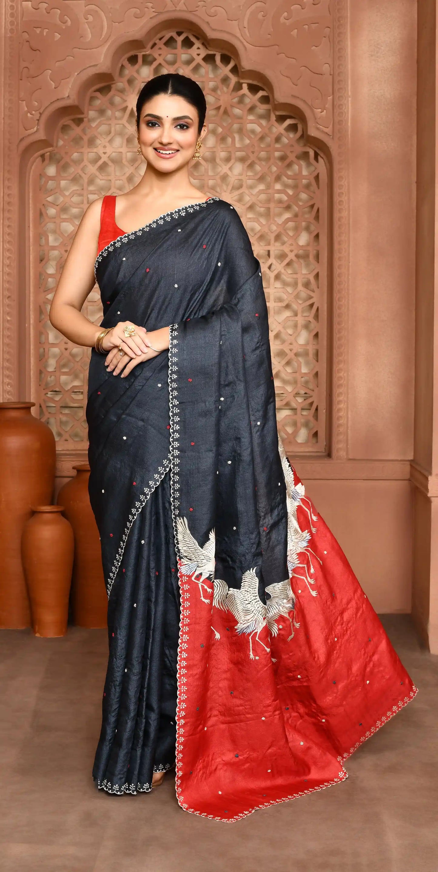 Vanya Flamingo Grace Tussar Silk Saree Gray & Red Saree featured