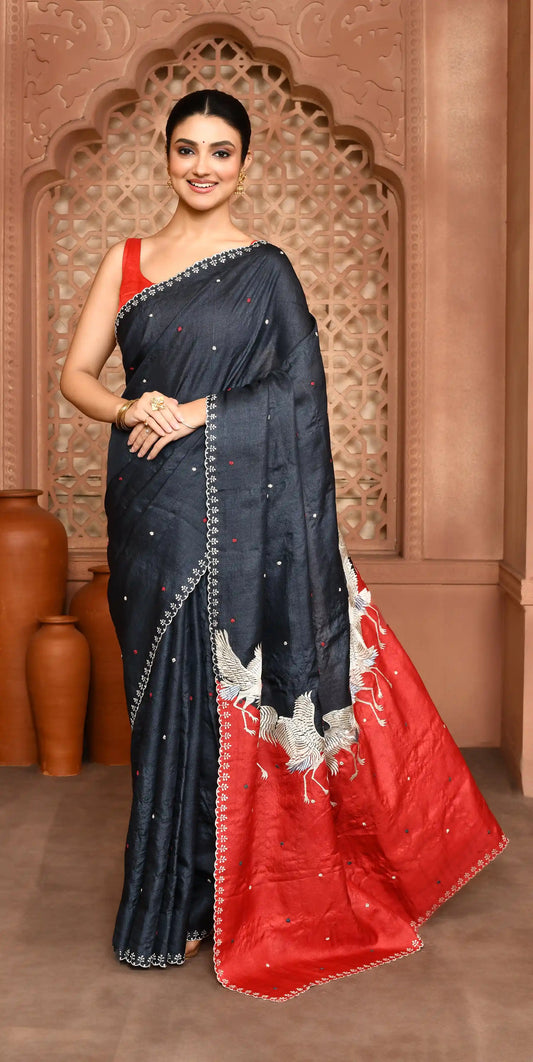Vanya Flamingo Grace Tussar Silk Saree Gray & Red Saree featured