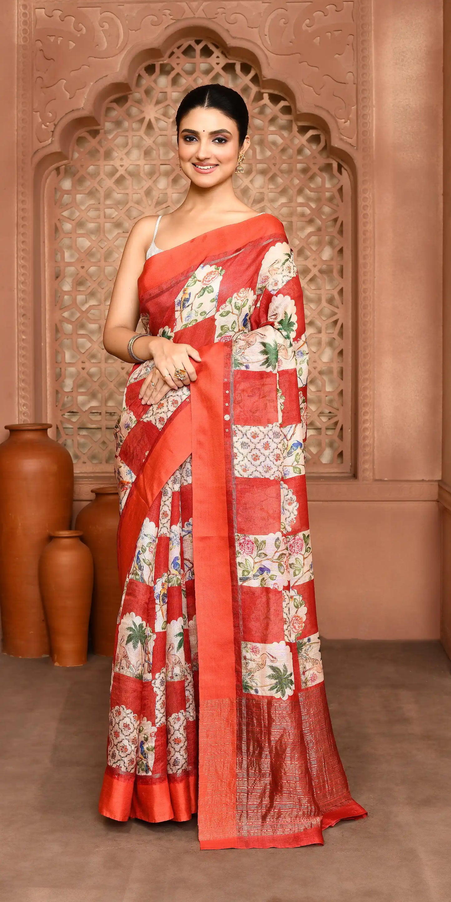 Yasmine Mughal Tussar Silk Saree - Cherry Red featured