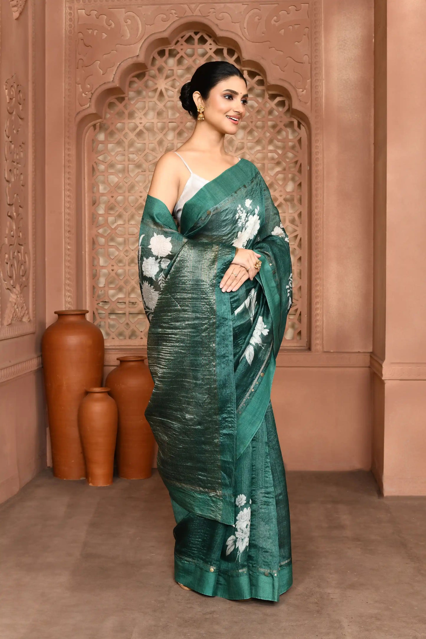 Megha Rose Radiance Tussar Silk Saree Green Saree featured