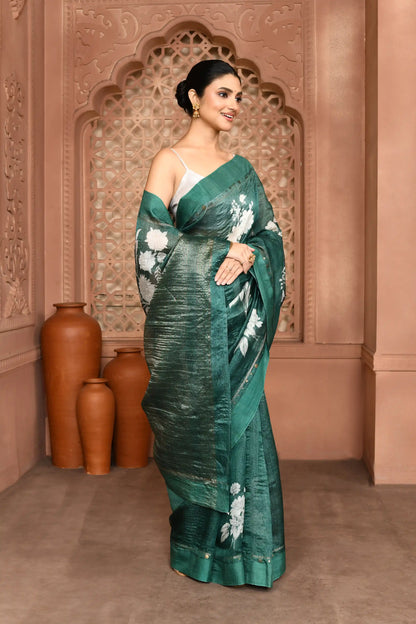Megha Rose Radiance Tussar Silk Saree Green Saree featured