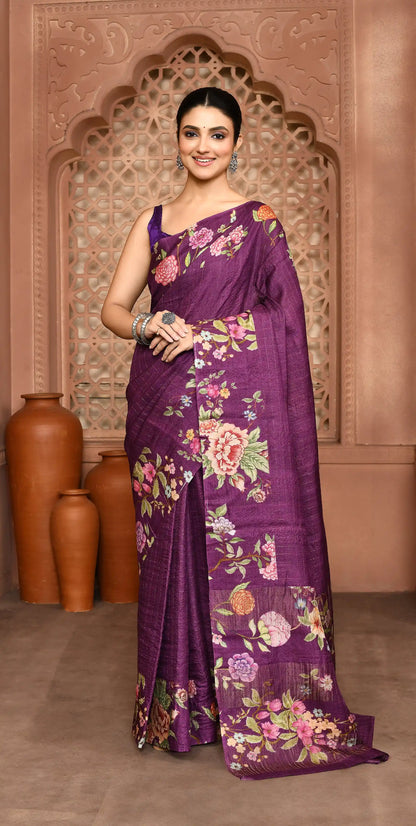 Avni: Zari Check Floral Silk Saree Eggplant featured