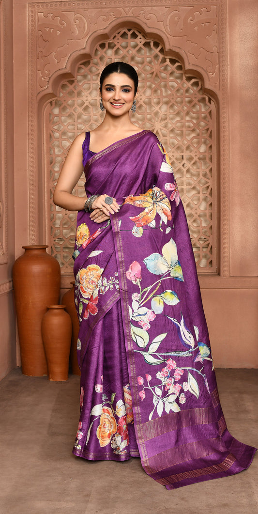 Samantha Blossom Tussar Silk Saree Eggplant Saree featured