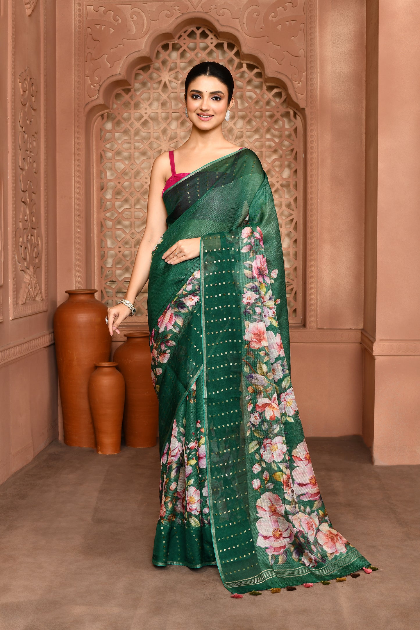 Kusum Floral Muslin Silk Saree green featured