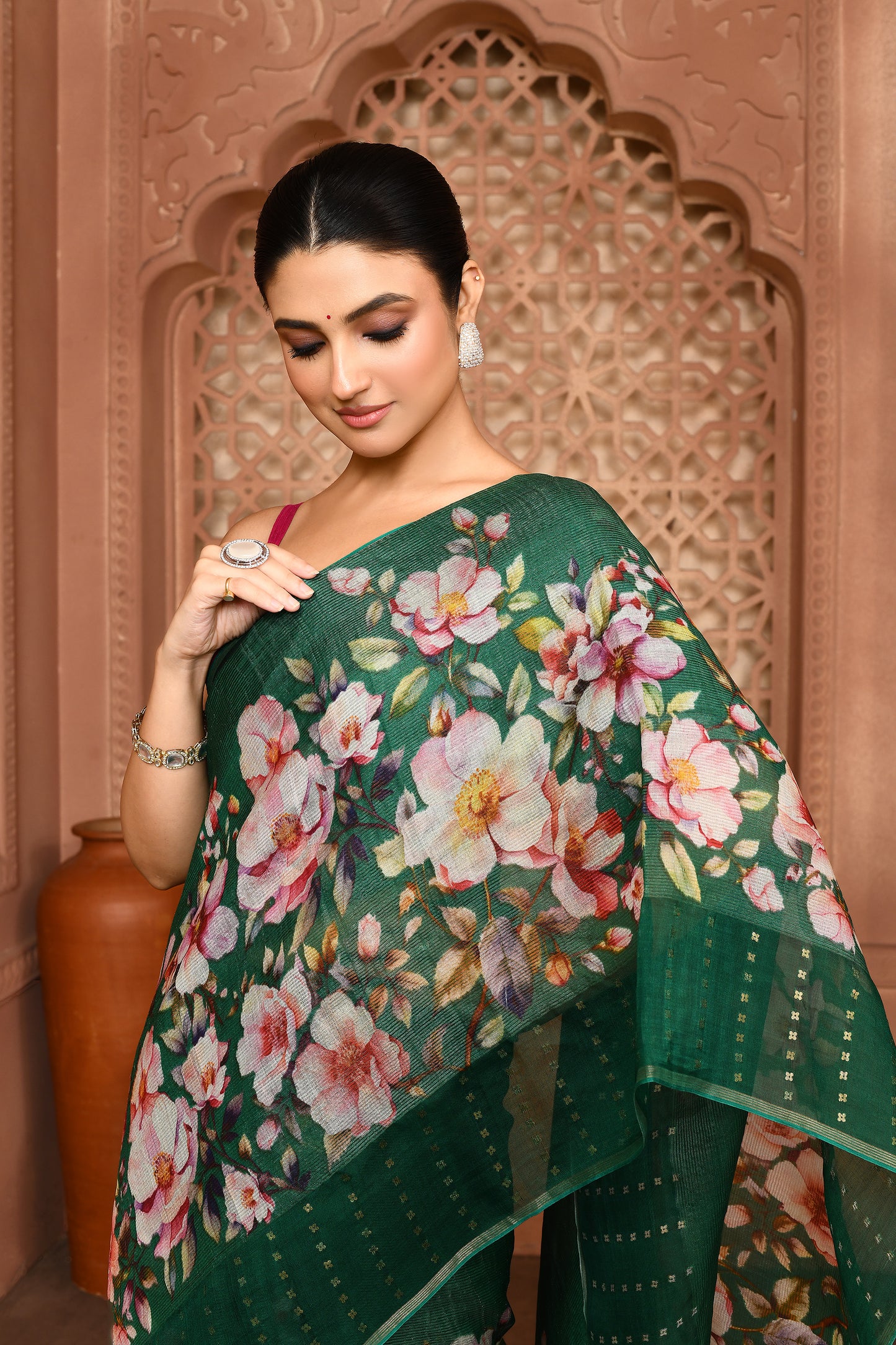 Kusum Floral Muslin Silk Saree green featured
