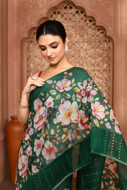 Kusum Floral Muslin Silk Saree green featured