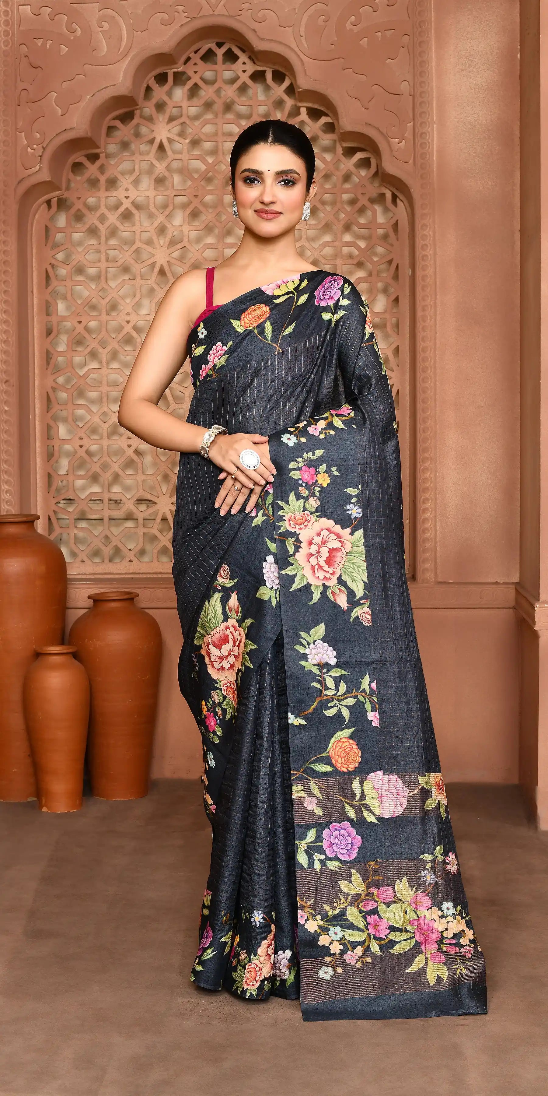 Avni: Zari Check Floral Silk Saree Charcoal Grey featured