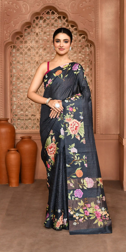 Avni: Zari Check Floral Silk Saree Charcoal Grey featured