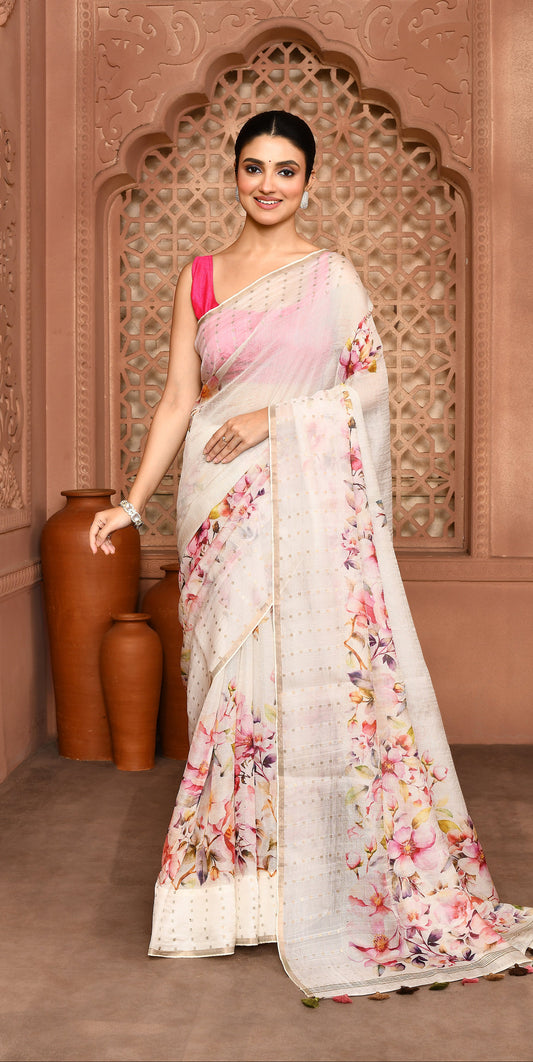 Kusum Floral Muslin Silk Saree white featured
